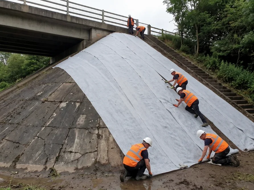 A crew laying cement-fabric sheets up the face of a bridge abutment cone, old cracked concrete visible below