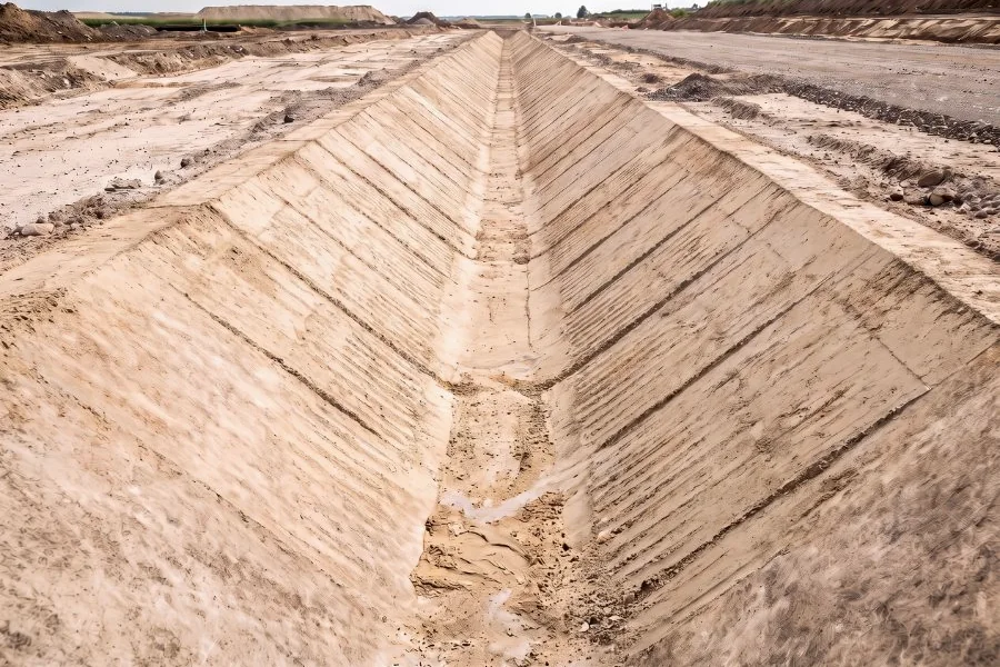 A V-shaped drainage channel freshly cut and graded in sandy ground, unlined