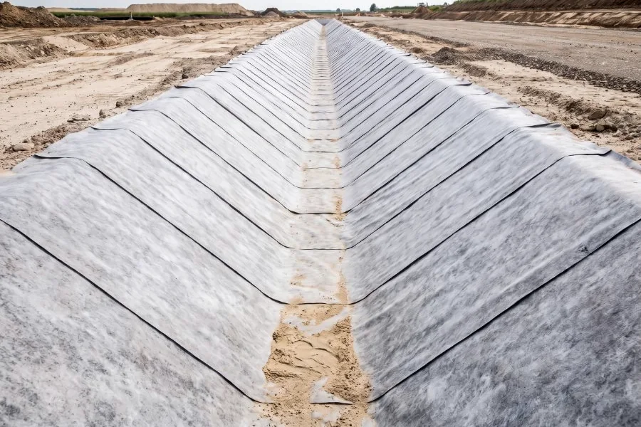 The same channel lined with cement-fabric sheets laid across the section, forming a chevron of lap lines down its length