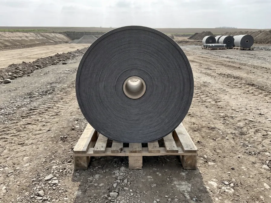 A roll standing upright on a wooden pallet on site ground, overhanging the pallet on both sides